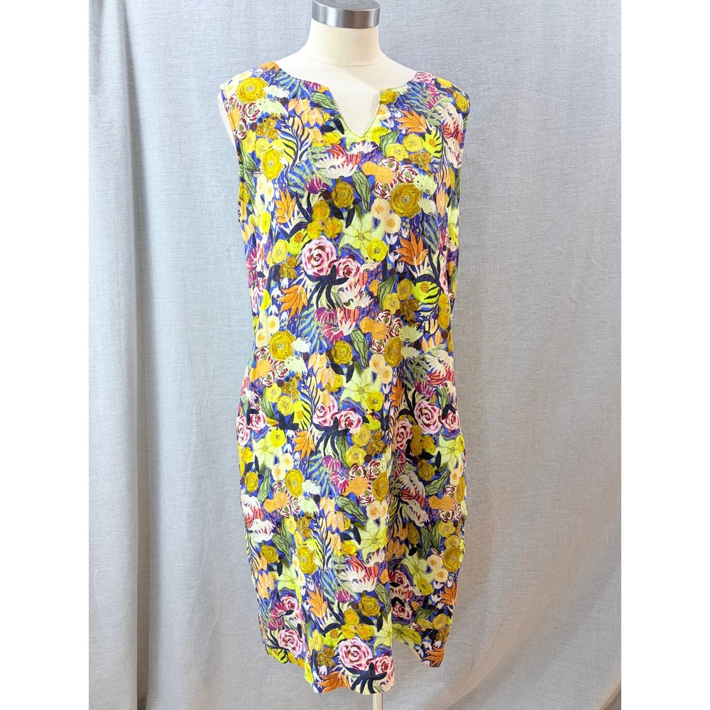 Foil Womens Floral Linen Blend Shift Dress Sleeveless Split V-Neck Pocket 6